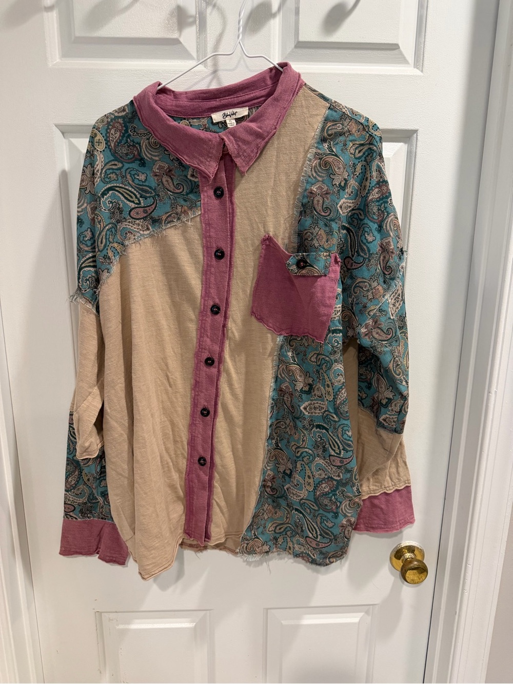NWT Blue Velvet Patchwork Button-Up Shirt in Mauve & Sea Green Paisley Sz XL